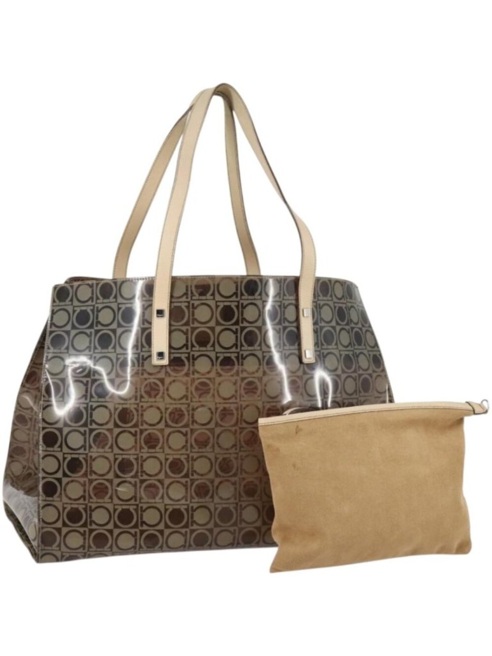 Salvatore Ferragamo Tote Bag Vinyl Brown Silver